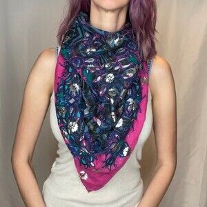 Divided Lightweight Paisley Floral Geometric Square Scarf Blue Teal Pink Silver